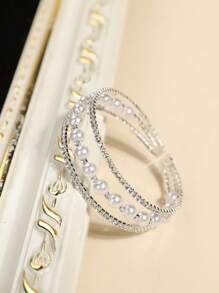 1 pièce Bracelet élastique avec 3 rangs de cristaux artificiels et de perles, de conception européenne et américaine, élégant pour les mariées et les mariages