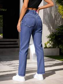 1 pieza mezclilla pantalon para mujer,rigido,mom jeans,comodidad,casual. - Azul lavado oscuro - Ver 3