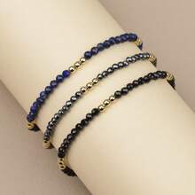 1pc Men's 3mm Black Onyx, Quartz, Lapis Lazuli Bead & Golden Copper Bead Adjustable Bracelet, Suitable For Daily Wear And Gift