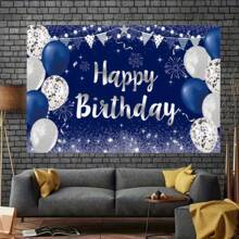 Sparkling Happy Birthday Banner Inches Silver And Navy Blue Party Background, Suitable For Male And Female Celebration Events