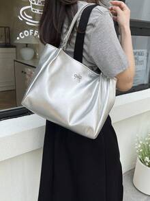 Large Capacity Casual Patchwork Tote Bag, Bow & Metal Decor, Adjustable Shoulder Strap, Versatile Commuting Handbag For Women - Silver - View 3