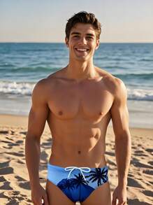 1pc Men's Tropical Print Swimsuit, Breathable Beach Party Swimming Trunks