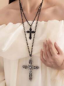 1pc Multi-Layer Cross Pendant Necklace, Black Metal Faux Crystal Zirconia, Women Punk Goth Party Accessory, Match Daily Outfit