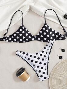 女士比基尼泳衣，可爱波西米亚风黑白波点印花，内置胸罩吊带泳装，适合度假、海滩、泳池和运动穿着，2026春夏款 - 黑色 - 查看 3