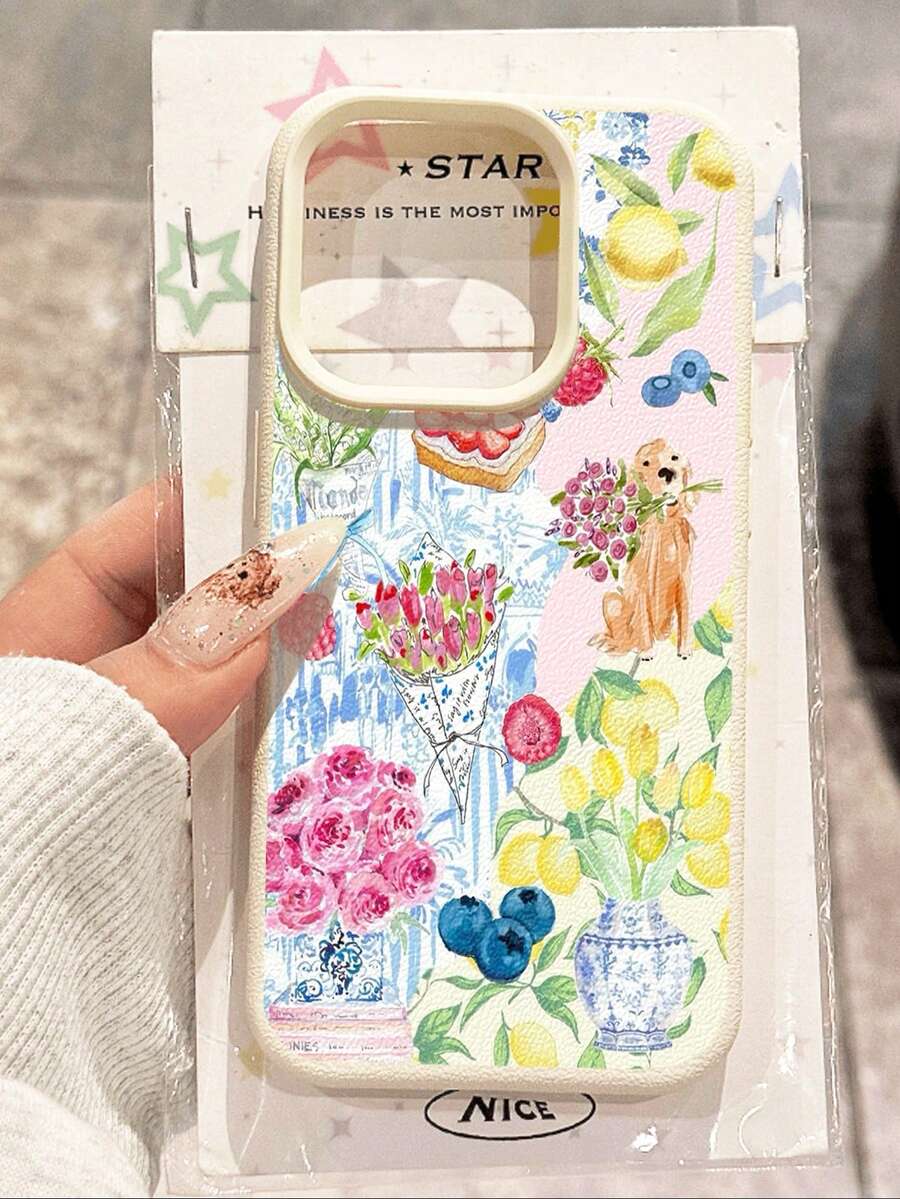 1 Pc Watercolor Floral Puppy Pattern Textured Anti-Fall Anti-Slip Soft Phone Case Cover, Compatible With Apple And Phones - Multicolor - View 1
