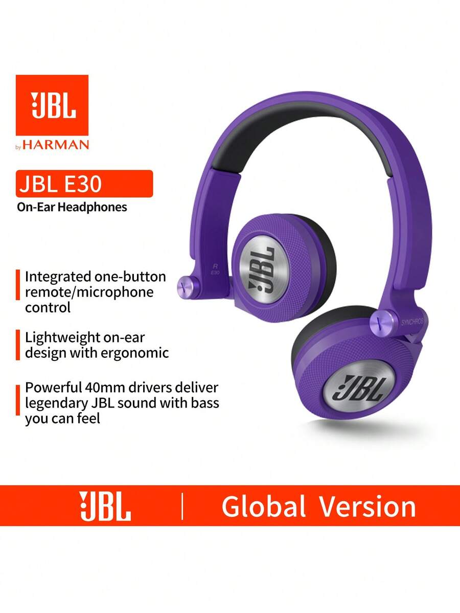 JBL E30 高品质有线贴耳式耳机，降噪可折叠便携，附赠旅行收纳袋，3.5mm 可拆卸耳机线，适合通勤、旅行、办公、学习等场合，兼容智能手机、平板电脑、笔记本电脑、台式电脑 - 无需充电（颜色可选：黑色/红色/白色/蓝色/紫色）