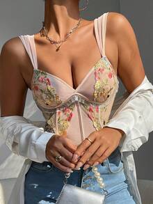 EZNV 1pc Lace Embroidery Fishbone Strap Backless Breathable Crop Corset Tank Top - Apricot - View 11
