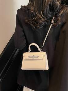 时尚纯色百搭女士手提包，优雅金属装饰，可调节肩带，休闲简约单肩包，磁扣开合，多功能轻便斜挎包，大学生日常必备 - 白色 - 查看 3