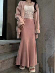 女士高腰针织美人鱼半身裙，垂坠效果，秋冬款 - 粉色 - 查看 1