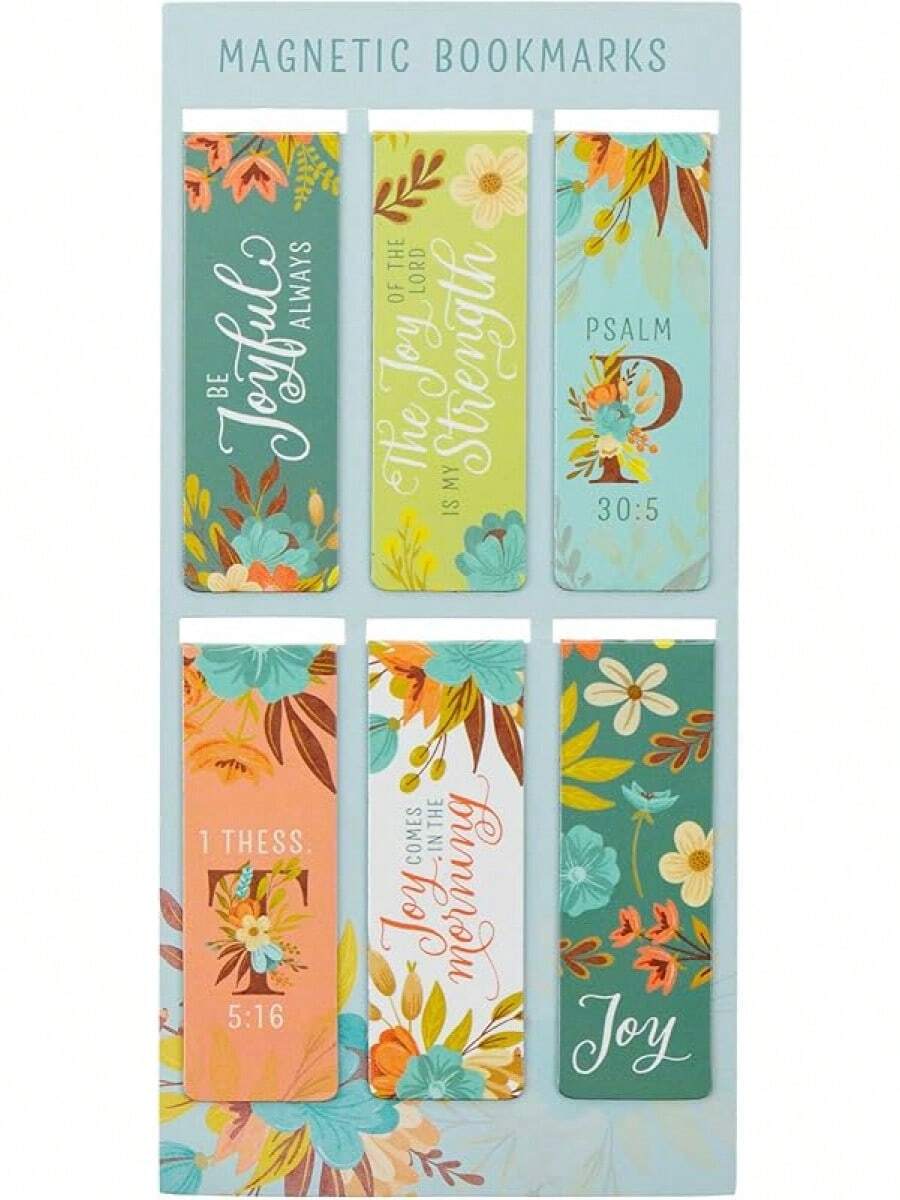 Art Gifts Set Of 6 Beloved Scripture Favorites With Abstract Scenic Bookmark Rectangular Folded Magnetic Pastel Design Inspirational Magnetic Bible Verse Bookmark, Size Small 2.3 X 0.8 - 歡快的青色多色花卉 - 查看 1