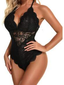 Lencería de mujer body de encaje estilo teddy con aberturas en la entrepierna - Azul Marino - Ver 6