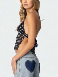 Womens Sexy Backless Halter Top Y2k Polka Dot Print Spaghetti Strap Sleeveless Deep V Neck Tie Back Cami Tank Tops Mesh See Through Camisole Crop Tops Summer Cute Going Out Tops Party Club Beach Vacation Streetwear - 黑色 - 查看 2