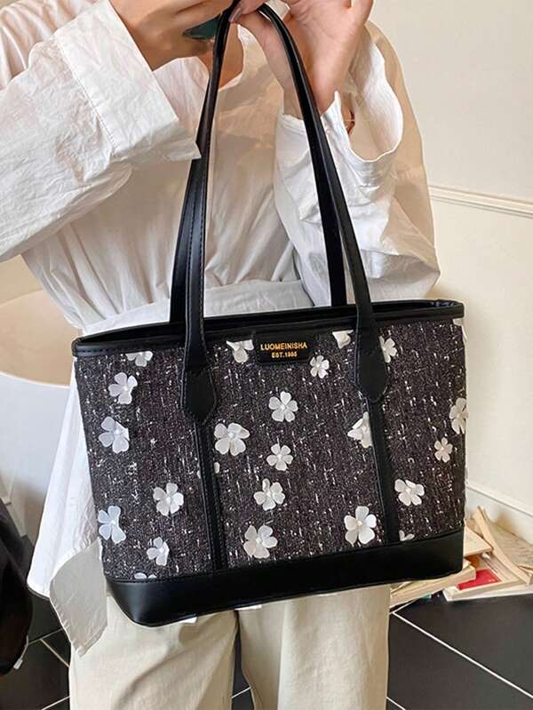 1pc Embroidery Floral Print PU Tote Bag, Niche High-End, Commute/Travel/Daily Use, Student Back To School, Dating Gift, Minimalist Versatile Large Capacity Women Shoulder Handbag
