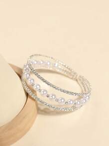 1 pièce Bracelet élastique avec 3 rangs de cristaux artificiels et de perles, de conception européenne et américaine, élégant pour les mariées et les mariages