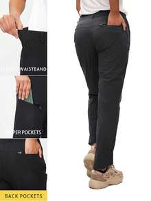 TECTOP Calça cargo elástica leve de secagem rápida para mulheres com 5 bolsos com zíper, primavera/verão - Preto - Ver 2