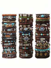 12/32/48Pcs Vintage Style Multilayer Pu Leather & Wooden Beaded Bracelet With Butterfly/Flower/Eye Charms - Handmade Friendship Bracelet For Men Women - Adjustable (Random Mixed) - Multicolor - View 9