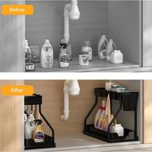 Multi-Purpose Under Sink Organizers And Storage, 2025 R-Shaped Pull Out Cabinet Organizer For Bathroom & Kitchen, Under Cabinet Organizer With Hooks Hanging Cup Back To School - Black - View 10