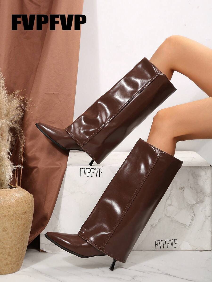 Botas altas hasta el muslo de punta afilada, fuste de cuero lacado, tacón grueso, botas altas de montar para mujer, otoño/invierno, botas marrones - Marrón - Ver 1