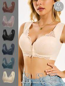 6pcs Elegant Floral Lace Women'S Push-Up Bras - Wireless Front Closure, Soft Breathable Wide Shoulder Straps, Full Coverage & Jacquard Pattern, 6 Colors For Daily Wear, Home & Dates, Stylish Bras For Women, Seamless Support, Comfortable Strapless Bras - 彩色 - 查看 2