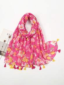 1pc Elegant Floral Print Fringed Scarf - Multicolor - View 1