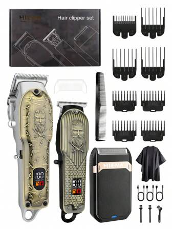  HIENA 3 st professionella sladdlösa hårklippare med LED-display, vintage herrhårklippare, rakhyvlar och polisonger, herrfrisörsalong, långvarigt litiumbatteri med hög effekt