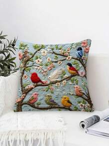 1/2/4 piezas Funda de almohada decorativa suave y mullida con diseño de pájaro y floral de primavera en 2D | Bordado no real, fondo azul claro, 100% poliéster, lavable a máquina, cierre con cremallera, diseño vibrante de pájaro y flor (relleno no incluido), decoración de otoño, decoración de otoño, decoración de habitación