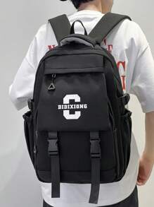 Large Capacity Water-Resistant Letter Print Flap Buckle Multi-Pocket Functional Backpack, Unisex Casual Campus Style School Student Travel Bag