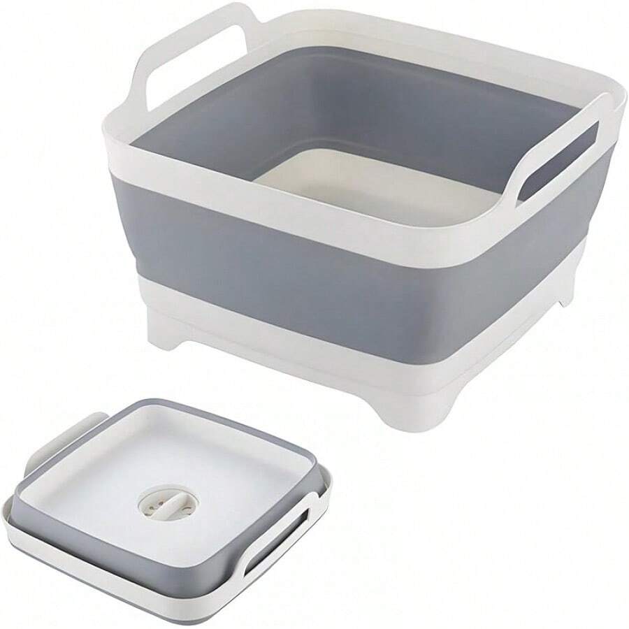 Collapsible Dish Basin With Drain Plug,  Portable Wash Basin Dishpan Space Saving Dish Washing Tub Foldable Sink Tub Kitchen Storage Tray - 灰色 - 查看 1