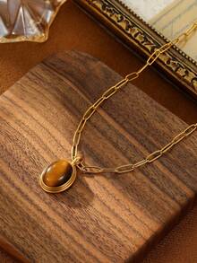 1 件不锈钢金黄色法式复古风格棕色琥珀绿松石宝石项链，适合女性派对日常佩戴或送礼 - 金黃色 - 查看 2