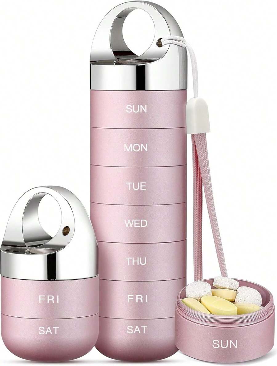 Metal Travel Pill Organizer, Portable Waterproof Weekly Pill Box, Large Aluminum Alloy Container,  7 Day Daily Medicine Organizer Holder For Vitamin, Fish Oil, Supplement - Pink - View 1