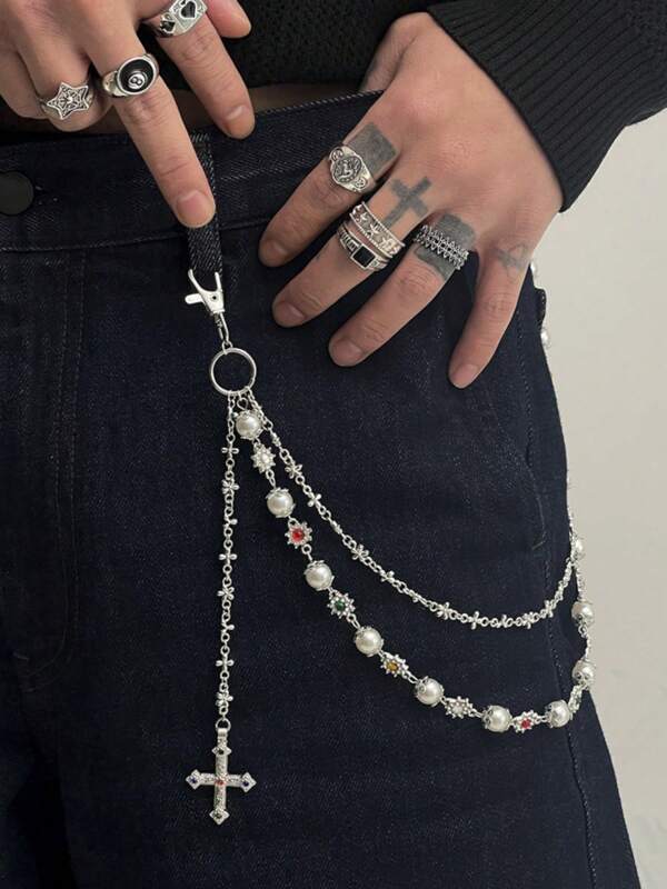 1 Pc Men's Vintage Luxurious Multi-Layer Rhinestone & Faux Pearl Trouser Chain, Fashionable Pants Decoration Autumn-Winter Accessories Halloween Costume,Suitable For Teens, Youth,Men,Casual, Outdoor, Athletic, Vacation, Graduation Gifts, Birthday, Daily Wear