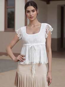 Womens Lace Ruffled Crop Tops Y2k Square Neck Flying Sleeve Babydoll Tank Top Tie Front Flared Hem Boho Blouse - trắng - Xem 4