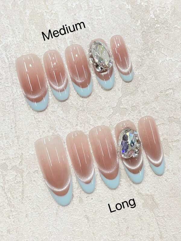 Light Blue French Smile Cat Eye Design With Diamond Dots, Elegant & Simple Style, Reusable Handcrafted Nail Tips For Daily Wear, Complete With 1pc Gel Polish, 1pc Nail Buffer