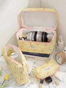 1 Peça/Conjunto Bolsa Cosmética Grande com Capacidade Multiuso, Padrão Xadrez Amarelo e Laço, Bolsa de Armazenamento de Viagem Portátil com Zíper, Adequada para Uso Doméstico, Viagem, Férias e Escola, Essenciais de Viagem, Essenciais de Cruzeiro, Essenciais de Deslocamento Diário, Presentes de Dama de Honra de Casamento, Presentes da Temporada de Volta às Aulas e Presentes de Feriados