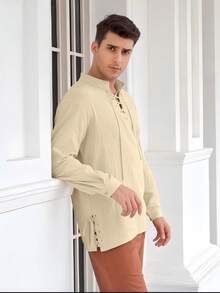 Medieval Inspired Drawstring Long Sleeve Shirt For Men, Viking Costume - Khaki - View 10