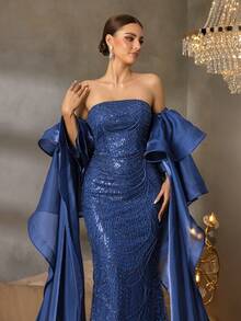 Faeriesty 奢华无肩带串珠晚礼服，飘逸披肩袖，闪耀动人，适合盛大晚宴、首映礼、婚礼等场合，尽显优雅气质。 - 藏蓝色 - 查看 6