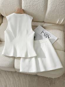 Women's Summer Casual Solid Color Button Front Tank Top + Pleated Mini Skirt 2-Piece Set - White - View 2