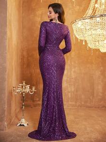 Vestido formal de manga larga con cuello en V y bajo de cola de sirena con lentejuelas - Rojo violeta - Ver 3