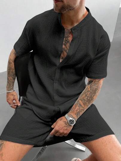 Old Money Style 男士衬衫白色 100% 纯棉衬衫简约立领短袖纽扣衬衫透气办公室夏装父亲节礼物