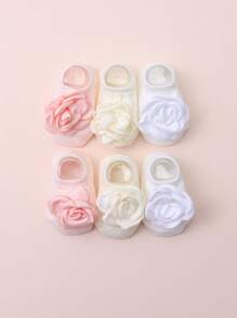 3 Pairs Baby Girls' Adorable Floral Decor Solid Color Soft Rubber Dots Liner Socks, Suitable For Summer Vacation Wear