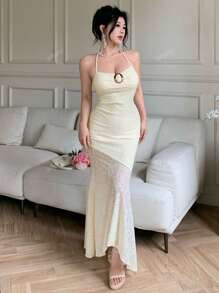 abyoxi Vestido de encaje con hombros descubiertos para primavera y verano, de cuello colgante, decoración con hebilla redonda, ruedo asimétrico con volantes y falda plisada de cola de pez a la cintura baja, vestido casual diario, vestido y falda, temporada de bodas