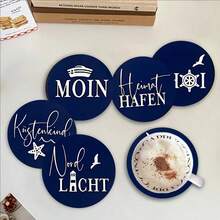 1/6圆形字母图案木质杯垫，艺术桌面摆件，适用于家居装饰、办公室、厨房、餐厅、咖啡厅桌面保护，是艺术爱好者的最爱礼物