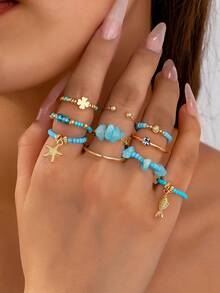 8 件海洋海滩风格海星戒指套装，种子串珠波西米亚戒指，贝壳戒指女士波西米亚风格珠宝适合度假、日常佩戴 - A12739 - 查看 14