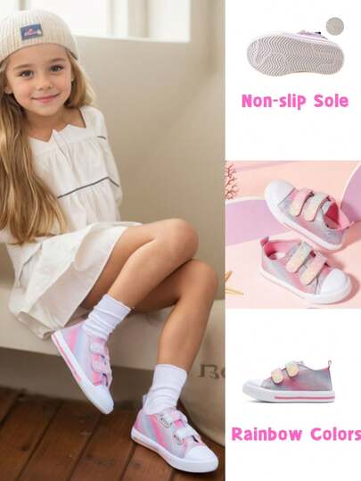 Kids' Rainbow Canvas Sneakers With Hook And Loop Closure, Classic Style, Non-Slip & Durable School Shoes