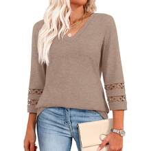 XIEERDUO 3/4 Length Sleeve Womens Tops Dressy Casual Blouses For Women 2025  V Neck T Shirts Summer Clothes - 卡其色 - 查看 1