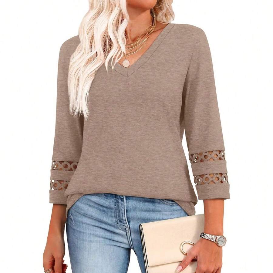 XIEERDUO 3/4 Length Sleeve Womens Tops Dressy Casual Blouses For Women 2025 V Neck T Shirts Summer Clothes - 卡其色 - 查看 1