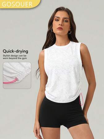 GOSOUER Women's Jacquard Semi-Permeable Adjustable Drawstring Loose Sports Running Fitness Top