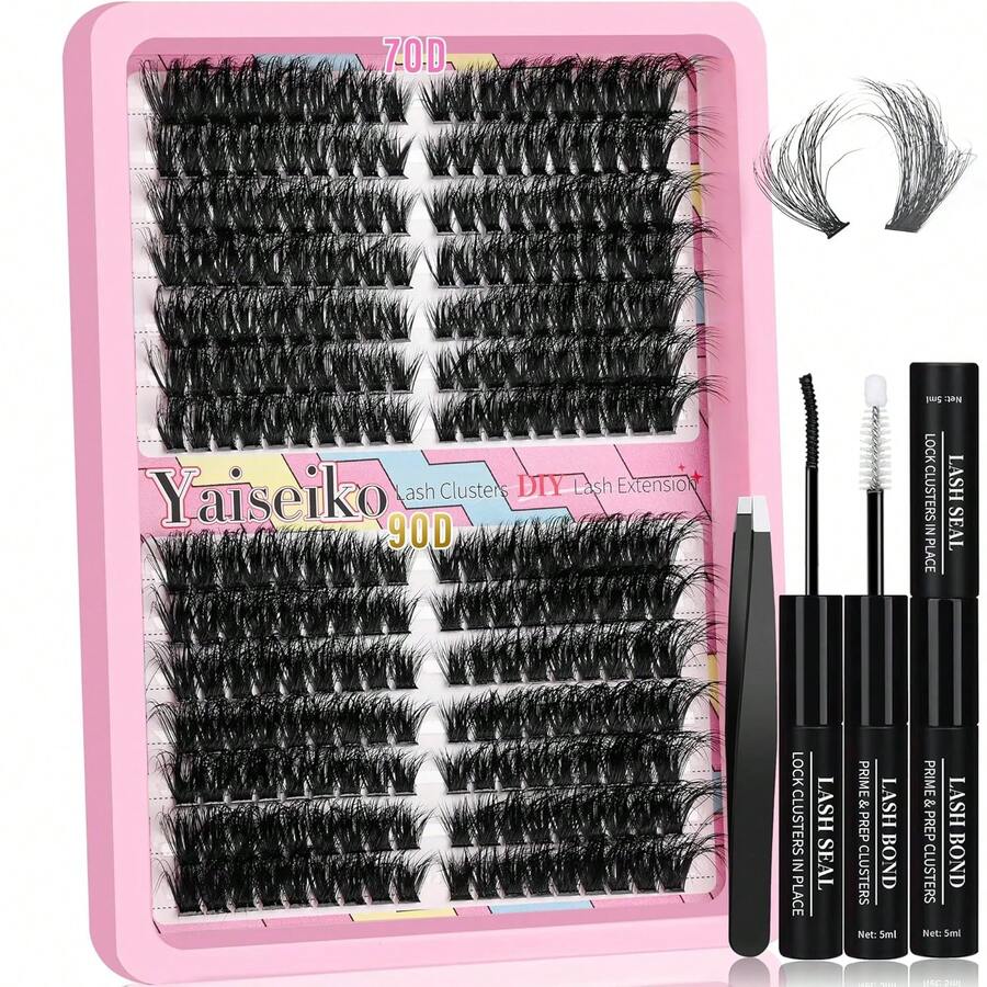 Fluffy Lash Clusters Kit 300D Thick 12-25mm Volume Cluster Eyelash Extensions Kit 224Pcs Wispy Individual Lashes With Lash Bond And Seal And Remover Eyelash Clusters Soft False Eyelashes By Yaiseiko - 11 70+90D Left & Rght Lash Clusters Kit - View 1