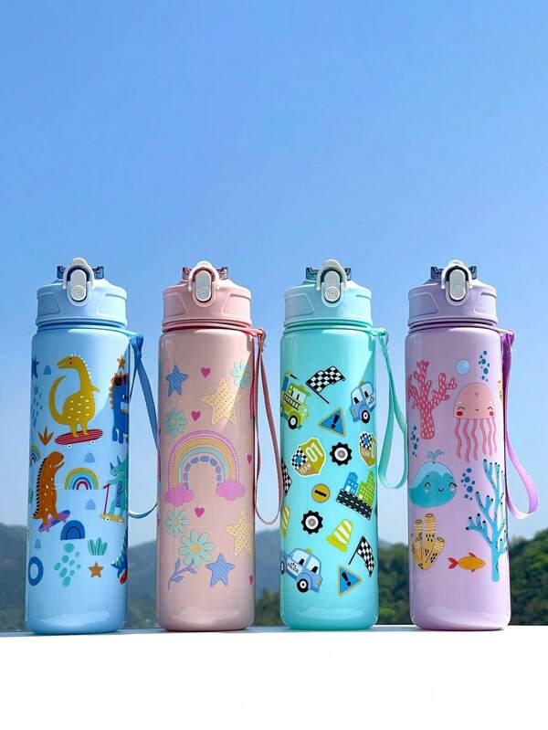 Children's Water Bottle, Dinosaur, Rainbow, 1 Cute Sports Water Bottle With Cartoon Animal Patterns - 800 Ml, Straw Cup, With Handle, Leak-Proof, Shock-Resistant, Portable - Suitable For Travel, Outdoor Activities, Students, Kindergartens, And Practical For Schools