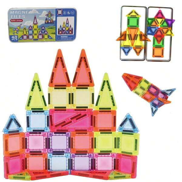 Conjunto de blocos de construção de mini peças magnéticas, 25/40 peças, com caixa de lata de ferro para fácil transporte, cores brilhantes e design interessante, peças magnéticas convenientes para brincar e armazenar, adequadas para presentes de festivais e aniversários, cores aleatórias